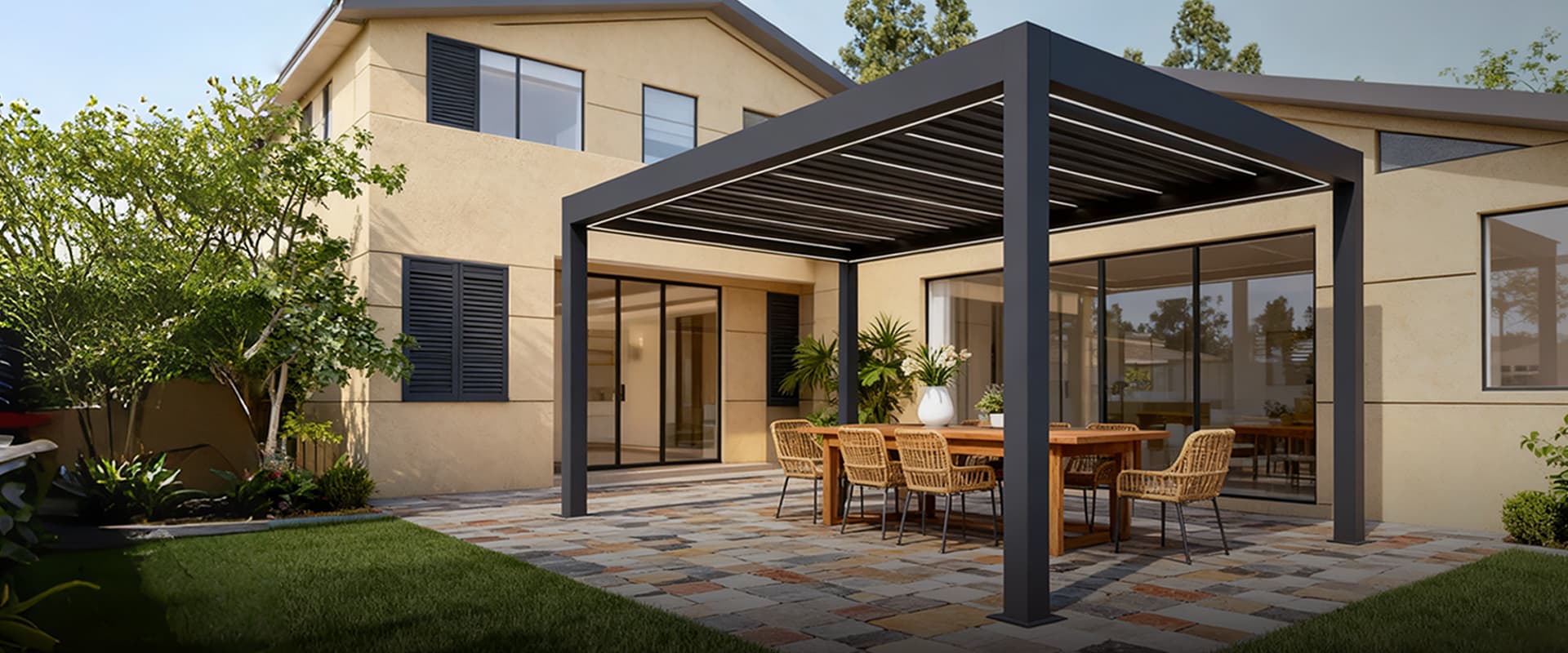 Custom aluminum pergola solution for residential patio and outdoor dining areas
