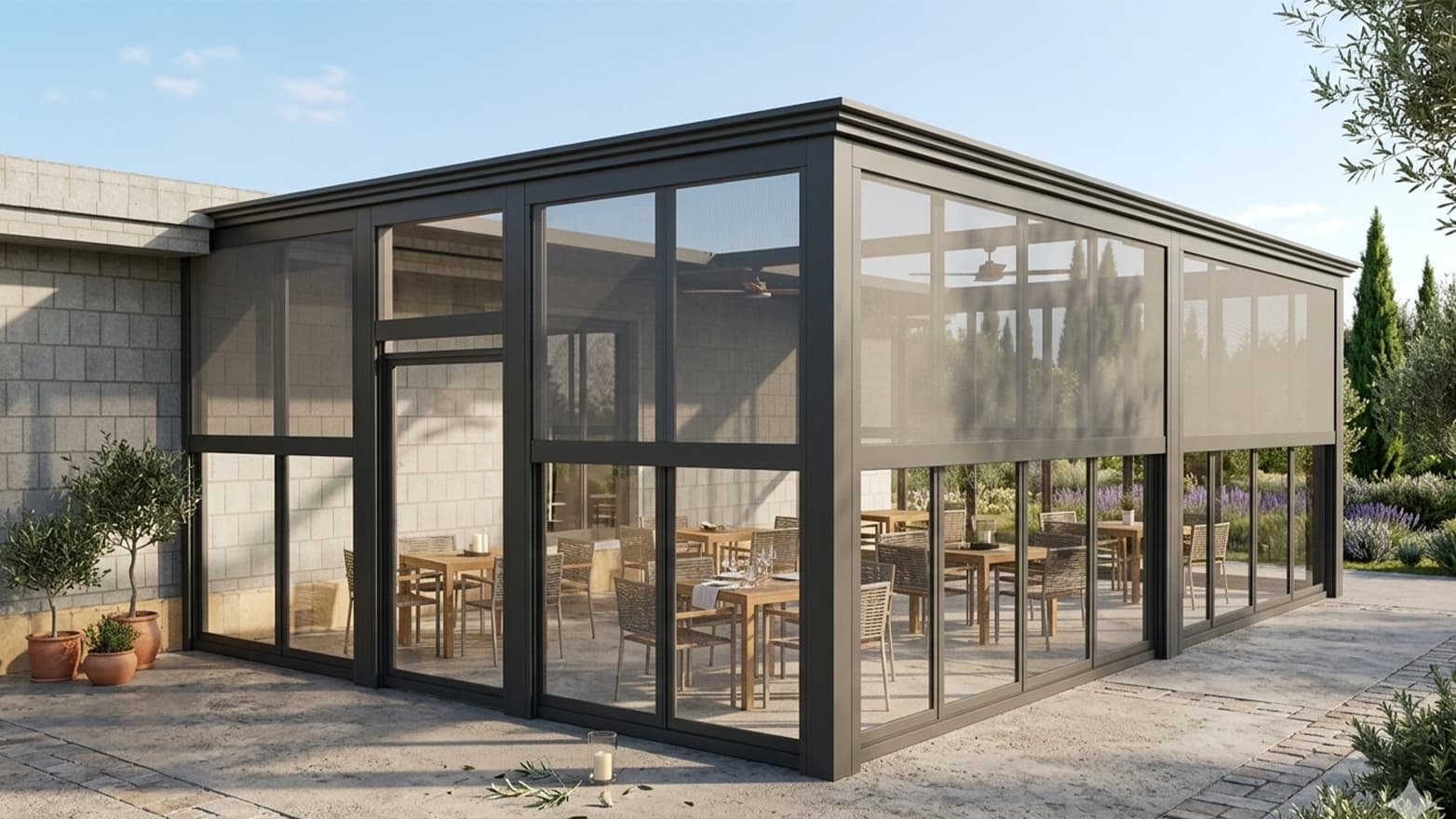 Commercial outdoor dining pergola application for public seating areas