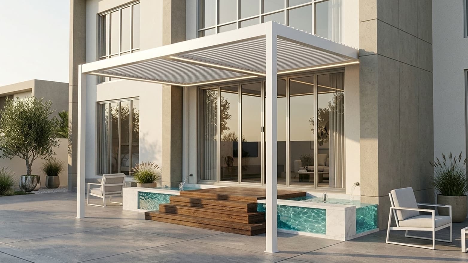 Hotel outdoor area aluminum pergola application for hospitality seating and shade