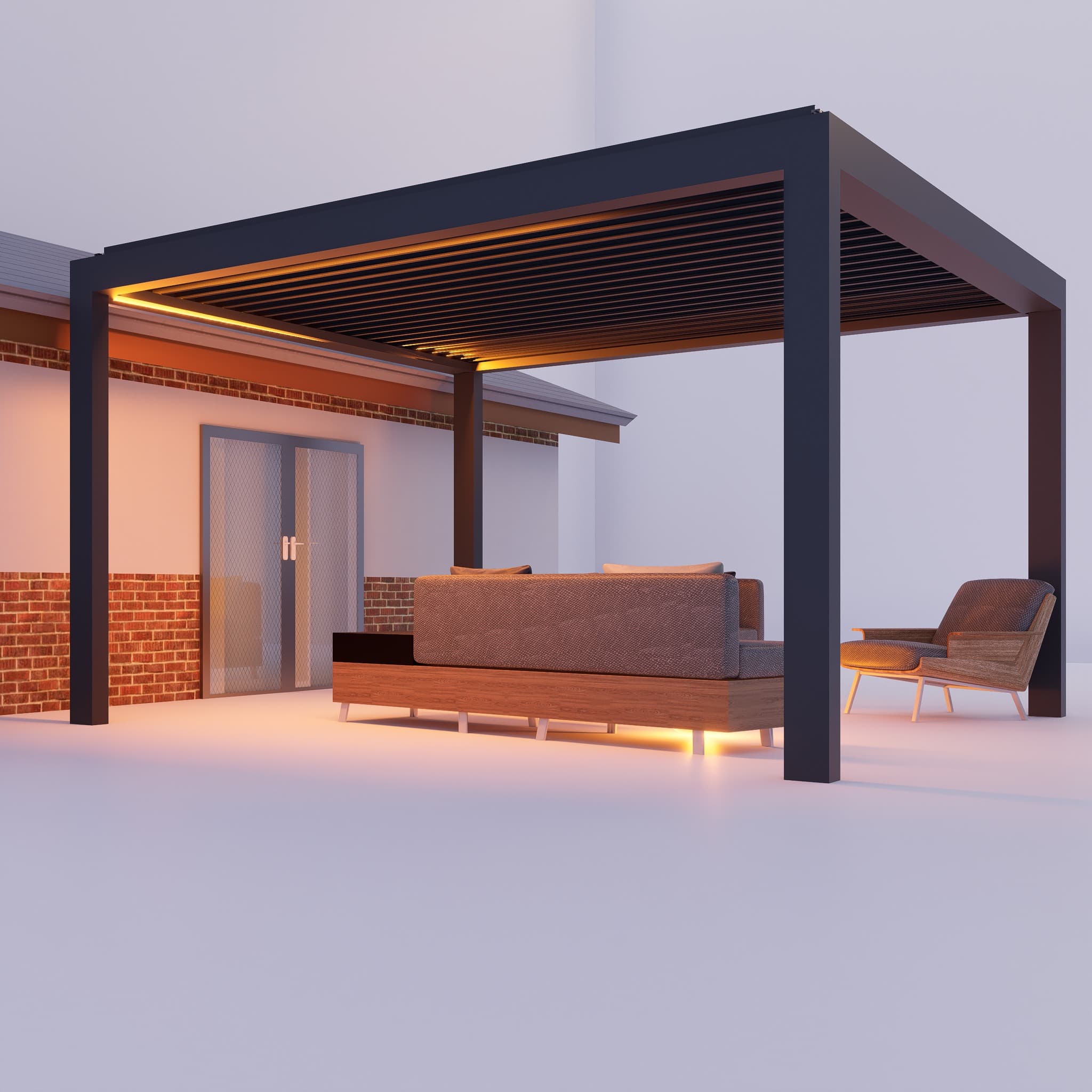 Fixed roof aluminum pergola structure for a modern outdoor patio